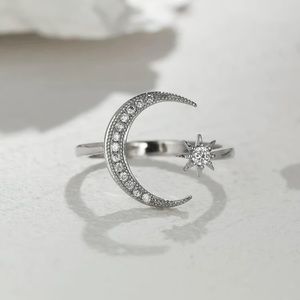 Stylish Moon and Star Adjustable stamp .925 Ladies Decor Cuff Ring